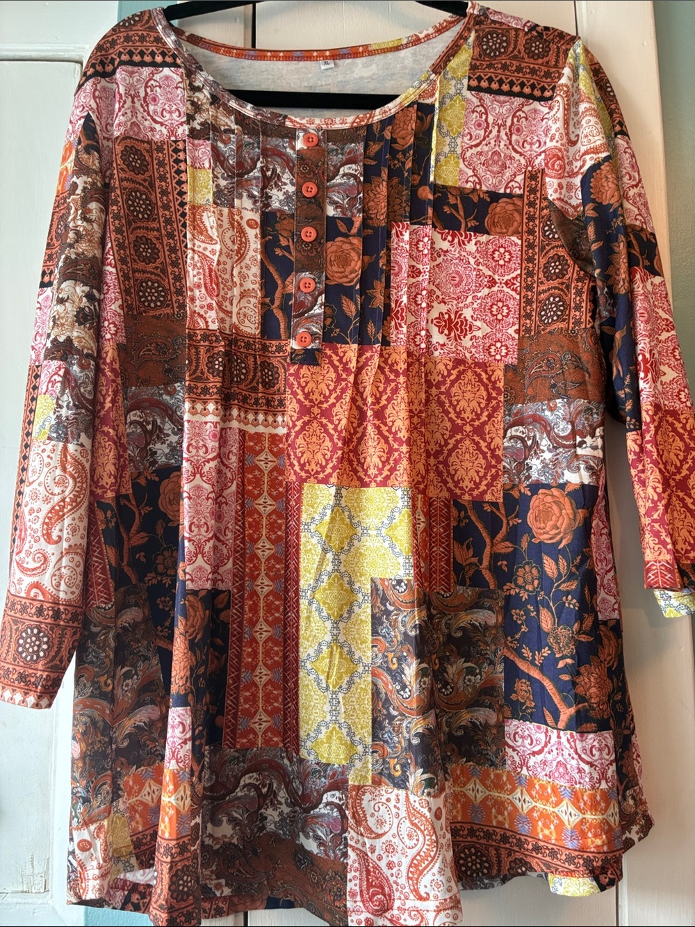 Patchwork Print Long Sleeve Tunic Top in Multicolor
